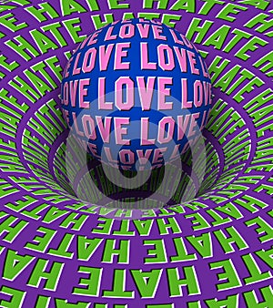 Abstract optical illusion love and hate concept. Moving sphere over a rotating hole