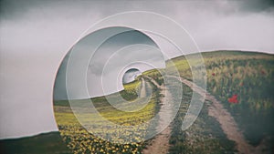 Abstract optical illusion with a natural flower field. countryside path and cloudy sky, seamless loop. Animation. Summer