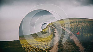 Abstract optical illusion with a natural flower field. countryside path and cloudy sky, seamless loop. Animation. Summer