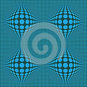 Abstract Optical illusion Op art with blue dots on  dark green background