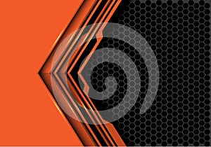Abstract orange black circuit arrow direction with grey hexagon mesh design modern futuristic technology background vector