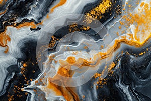 Abstract orange and black marble texture. Flowing liquid pattern. The image is generated with the use of an AI.