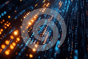 Abstract orange and blue glowing binary code streams forming a digital futuristic scene photo