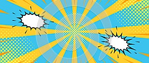 abstract orange blue sun rays, retro styled comics book background, speech bubbles, pop art concept