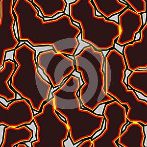 Abstract orange fire electric lightning seamless pattern. Energy grid texture. Glowing neon luminous, techno background. Vector