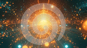 Abstract orange light particles streaming digital data