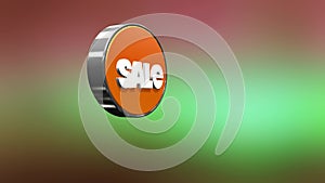 Abstract orange oval shaped signboard with sale word. Media. Rotating board with final sale information, 7.99 dollars