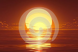 Abstract orange sun over the horizon with peaceful reflections