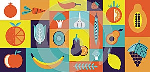 Abstract organic food. Farm vegetables geometric background. Mosaic banner with fruits or berries. Garden harvest. Lettuce or