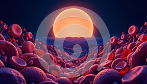 abstract organic forms, dark blue background, low contrast, dramatic lighting, radiant warm light, distant horizon, high angle,