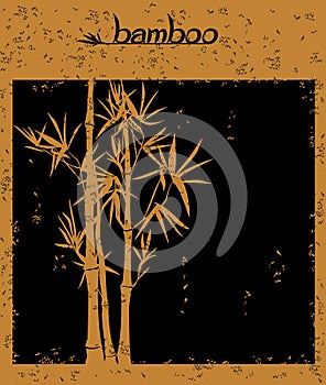 Abstract oriental vector ink landscape with bamboo on a black background. Black and white silhouette with handwritten