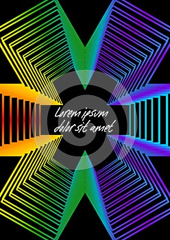 Abstract outline background, rainbow colored star shape on black area, place for own message, headline. Leaflet, flyer