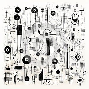 Abstract Outsider Art: Black And White Drawing With Unique Shapes