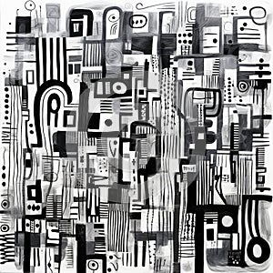 Abstract Outsider Art: Black And White Painting With Circuitry-inspired Lines And Playful Shapes