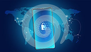 Abstract padlock cyber security with smartphone and map world concept Protection of information in the online world, cyber