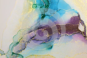 Abstract paint blue and violet wave blots background. Alcohol ink colors. Marble texture