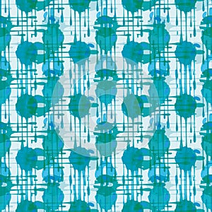 Abstract paint drip weave effect grid seamless vector pattern background. Overlapping cyan and aqua blue dripping