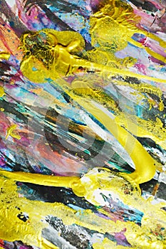 Abstract paint golden blue pink colors, brush strokes, organic hypnotic background