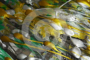 Abstract paint silver gold splashes colorful texture, blurred creative design