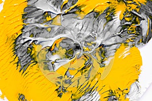 Abstract paint splashes background. White grey and orange liquid mixing psychedelic backdrop