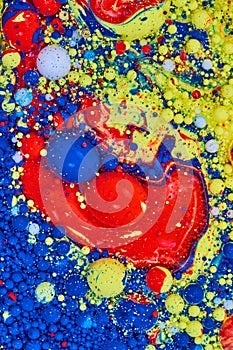 Abstract painting acrylic yellow blue white and red galactic bubbles background asset