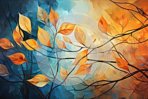 Abstract painting of autumn tree with colorful leaves on blue sky background. AI generated Generative AI