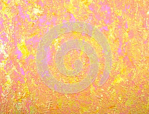 Abstract painting background. Acrylic yellow, gold, purple pink color painted on canvas. Handmade, hand drawn.
