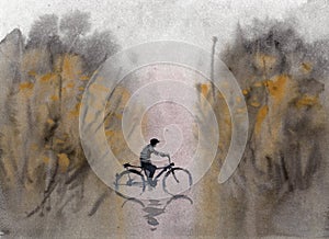 Abstract painting of bicycle rider crossing woods
