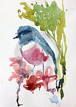 Abstract painting bird sitting on branch