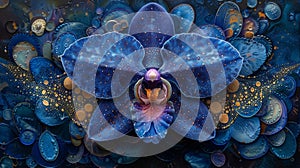 An abstract painting of a blue orchid representing the throat chakra and its association with communication and photo