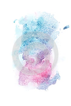Abstract painting with blue and pink watercolour paint spots