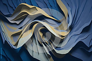 An abstract painting of blue, yellow, and grey waves