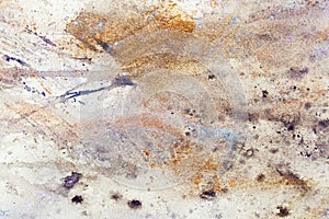 Abstract painting with blurry and stained structure. metal rust effect with glitter grains. Painting on old paper.