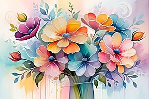 Abstract Painting - Bouquet of Undefined Flowers Centered, Swirls of Vibrant Colors Intermingling