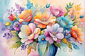 Abstract Painting - Bouquet of Undefined Flowers Centered, Swirls of Vibrant Colors Intermingling