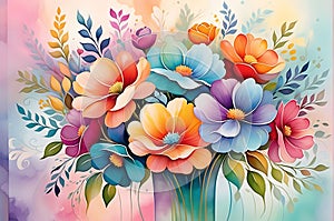 Abstract Painting - Bouquet of Undefined Flowers Centered, Swirls of Vibrant Colors Intermingling photo