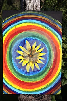 Abstract painting on canvas in the summer park. Yellow rudbeckia flower and rainbow circles.