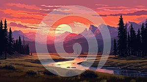 Lofi Yellowstone National Park Landscape: Sunset, River, And Mountains photo