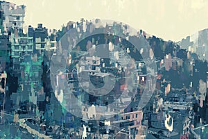 Abstract painting of city on hill, digital illustration, acrylic texture on image