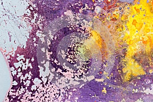 Abstract painting color texture. Bright artistic background in purple and yellow.