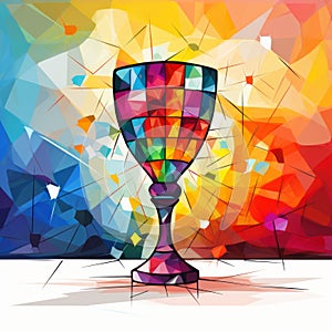 an abstract painting of a colorful glass cup on a white background