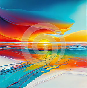 Abstract painting of colorful sea sunset with beautiful colors and white sand beach