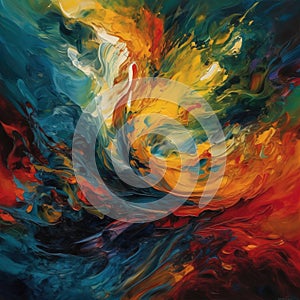 an abstract painting of a colorful sky and water with a red, yellow, blue, and green swirl on the left side of the painting