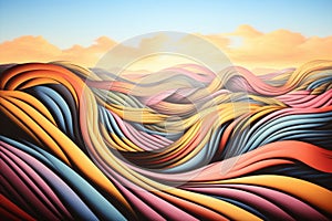 an abstract painting of colorful waves on a blue sky