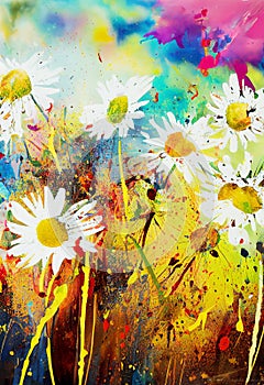 Abstract painting of daisies splashed with colorful paint. Digital illustration. AI-generated