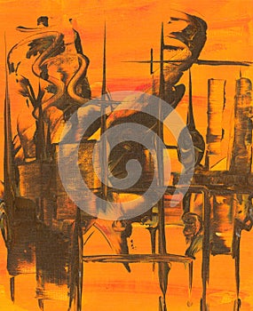 abstract painting in deep orange background with impression of swastik