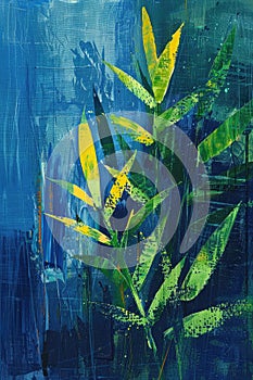 Abstract painting depicting green and yellow leaves with a dynamic blue background.