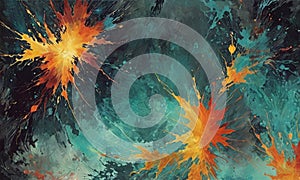 abstract painting features vibrant explosion orange and yellow splatters against dark blue background, photo
