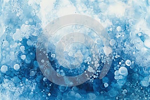 An abstract painting featuring blue bubbles with varying sizes and textures
