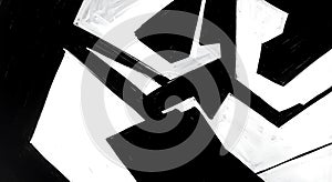 Abstract painting featuring bold, geometric black and white shapes. The